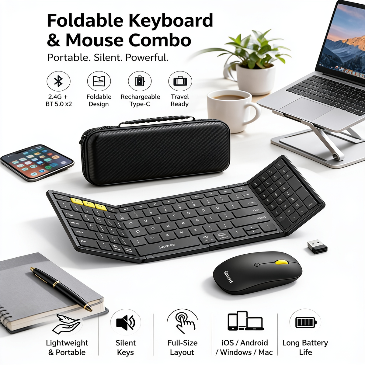 Foldable Bluetooth keyboard with touchpad, black, folded and open view