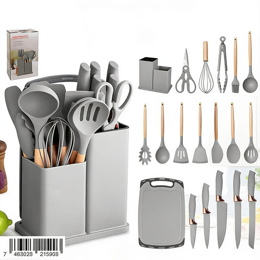 19-piece heat-resistant kitchen utensil and knife set with storage base