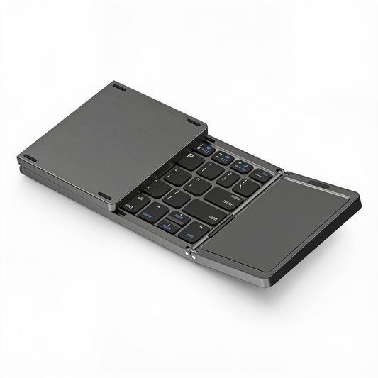 Foldable Bluetooth keyboard with touchpad, black, folded and open view