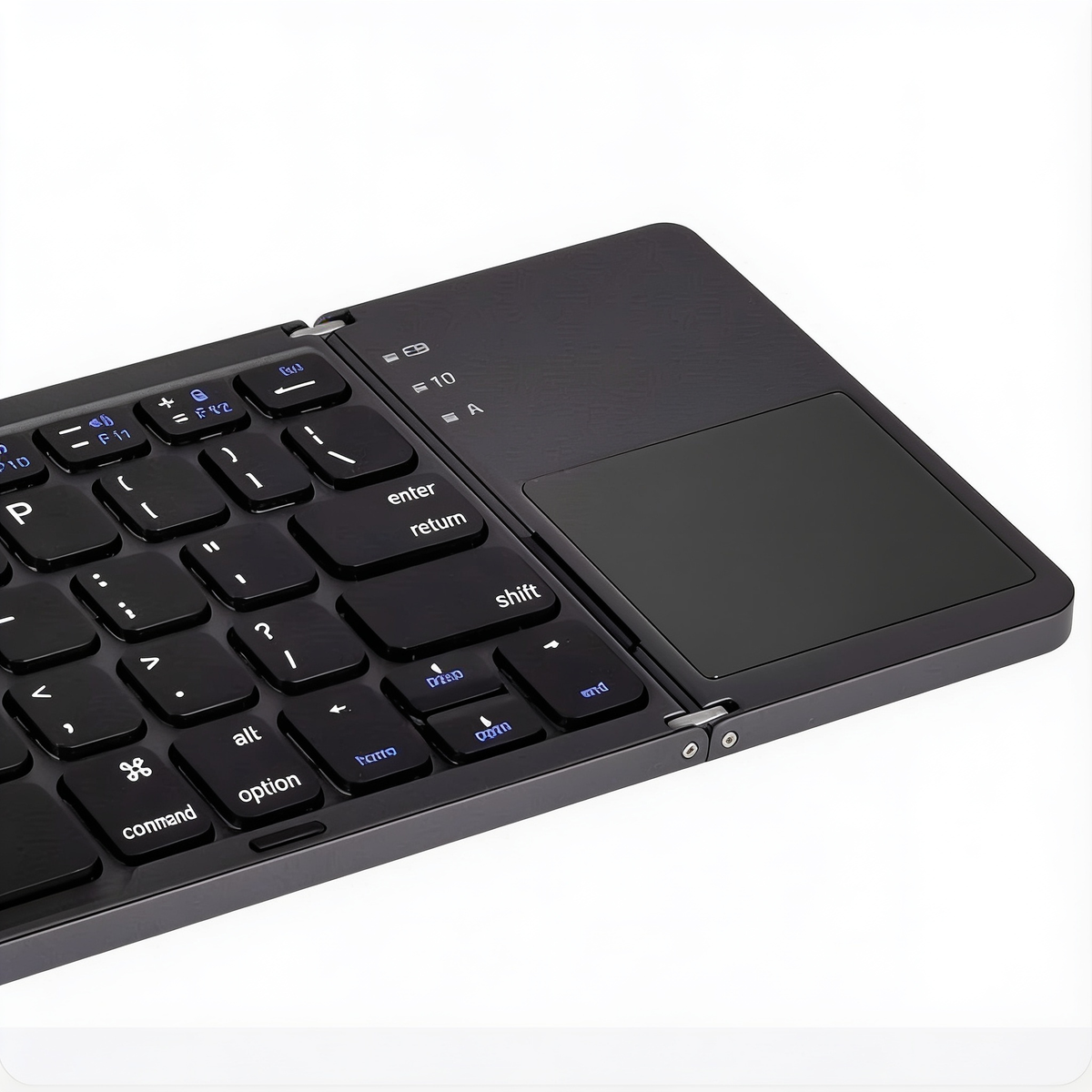 Foldable Bluetooth keyboard with touchpad, black, folded and open view