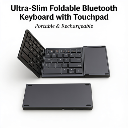 Foldable Bluetooth keyboard with touchpad, black, folded and open view