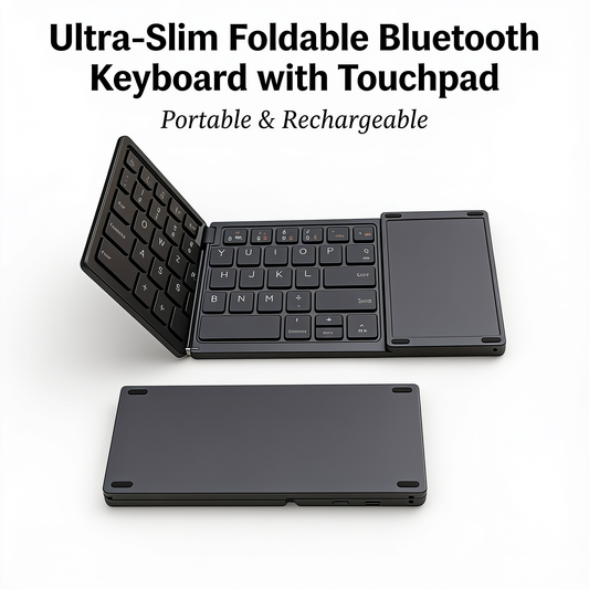 Foldable Bluetooth keyboard with touchpad, black, folded and open view