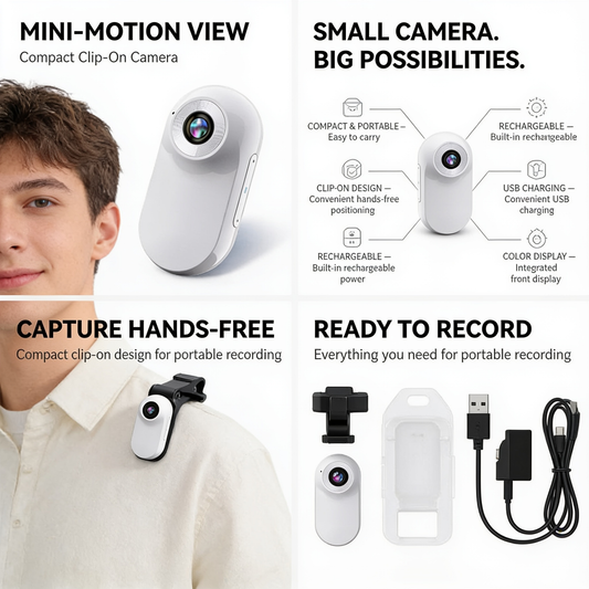 Compact clip-on mini camera for portable video recording