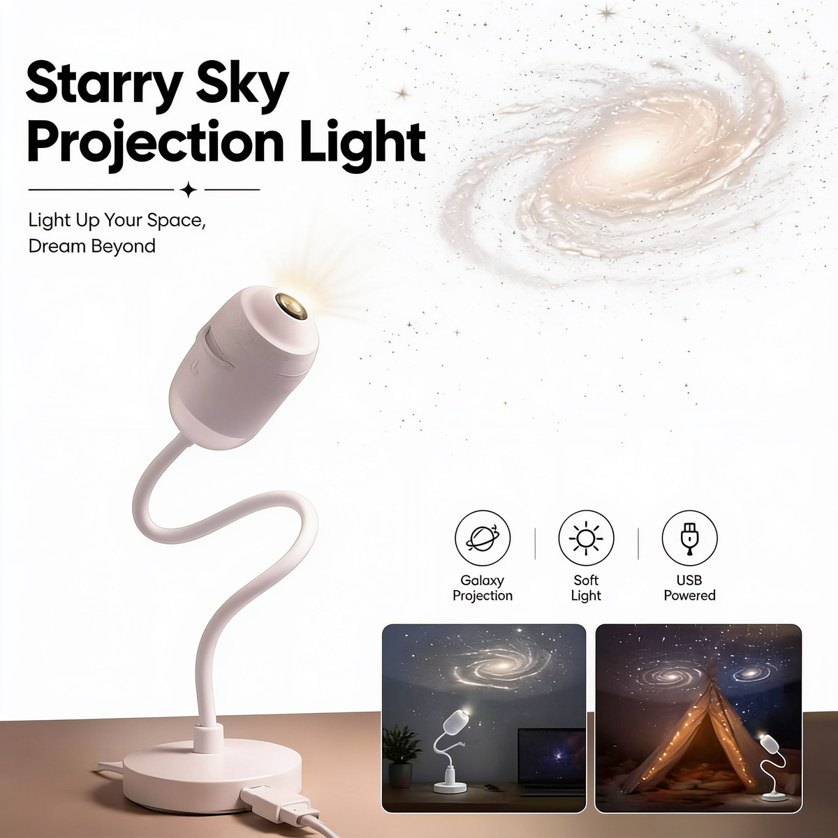Portable USB starry sky projection lamp lighting a bedroom ceiling