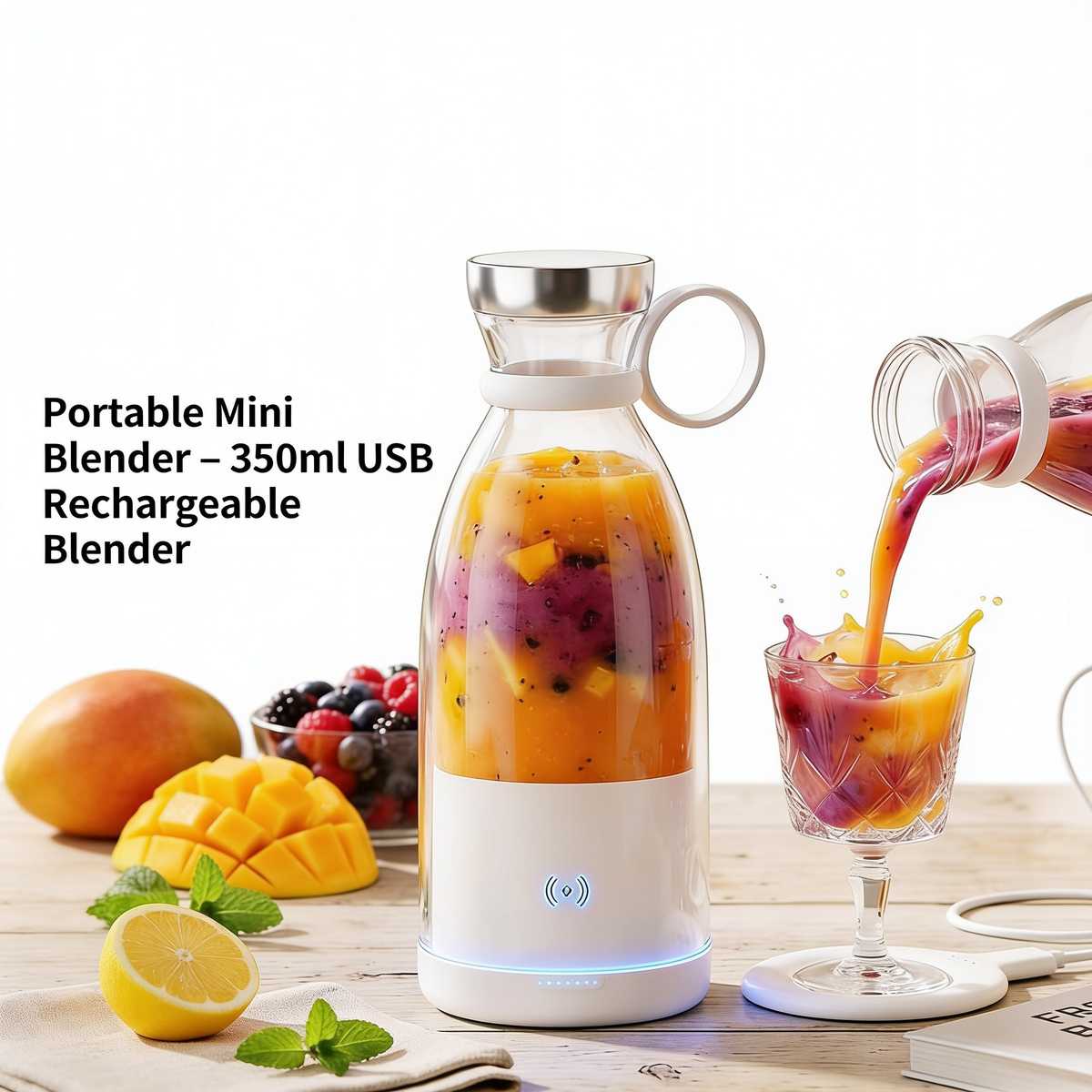 White portable USB rechargeable mini blender, 350ml