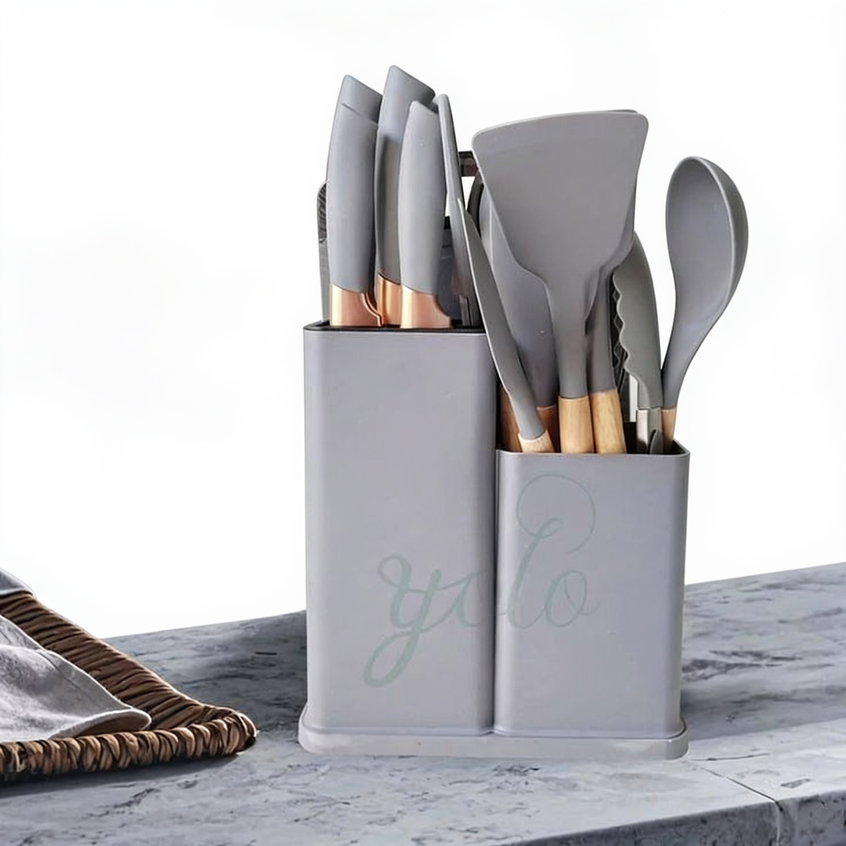 19-piece heat-resistant kitchen utensil and knife set with storage base