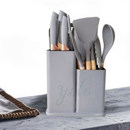 19-piece heat-resistant kitchen utensil and knife set with storage base