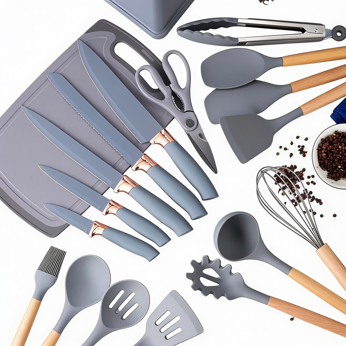 19-piece heat-resistant kitchen utensil and knife set with storage base