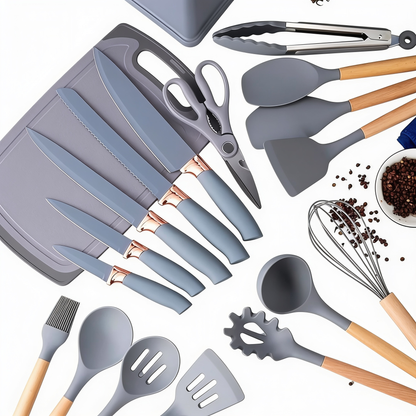 19-piece heat-resistant kitchen utensil and knife set with storage base