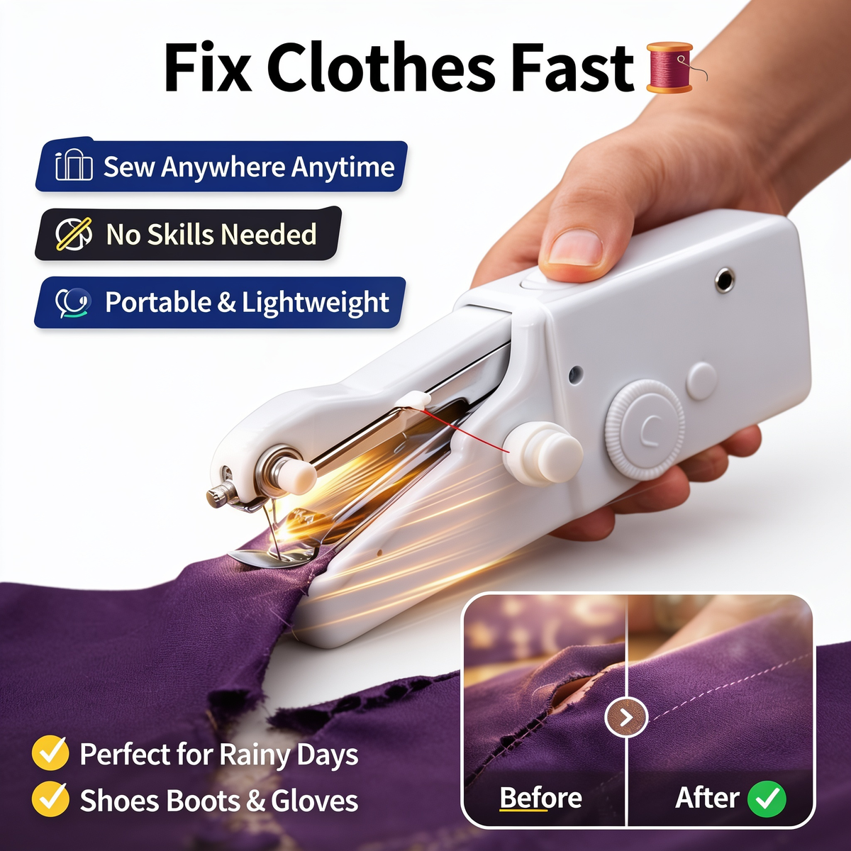 Portable handheld electric sewing machine, white
