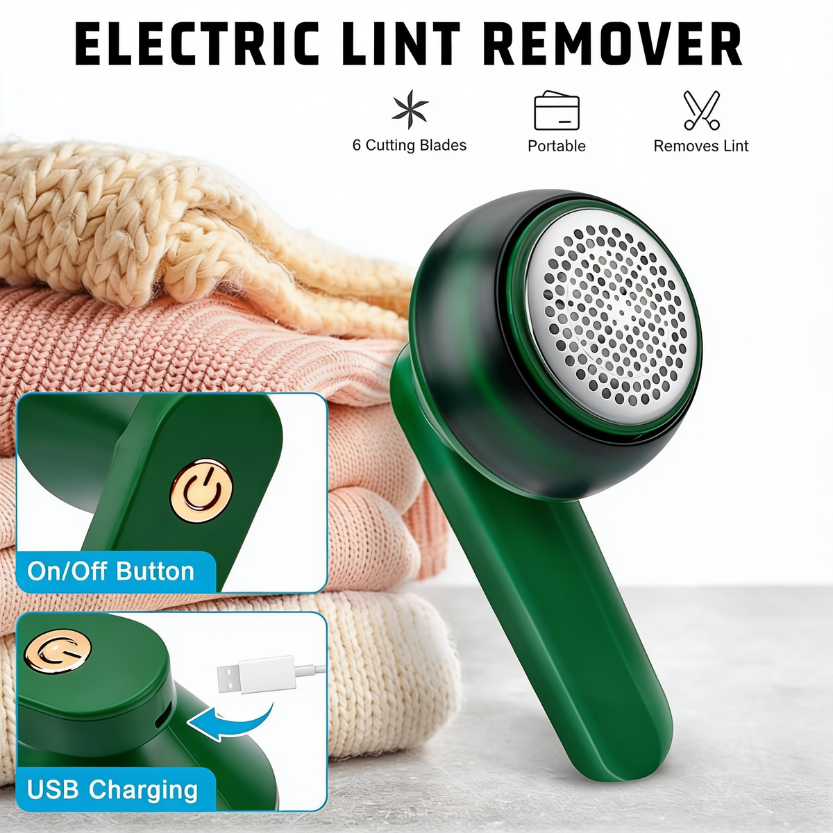 Rechargeable Lint Remover
Electric rechargeable lint remover removing pills from fabric