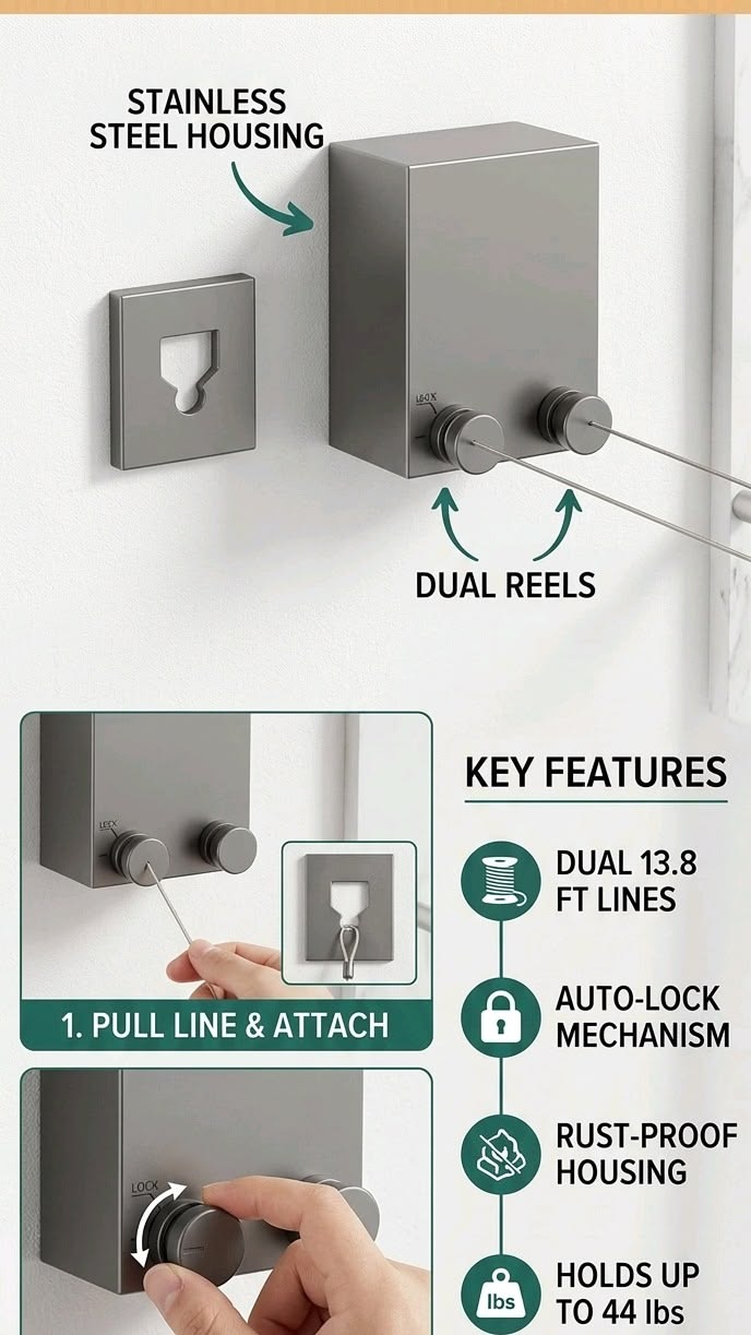 Compact telescopic clothesline with 1.5mm steel wire