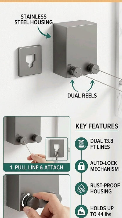 Compact telescopic clothesline with 1.5mm steel wire