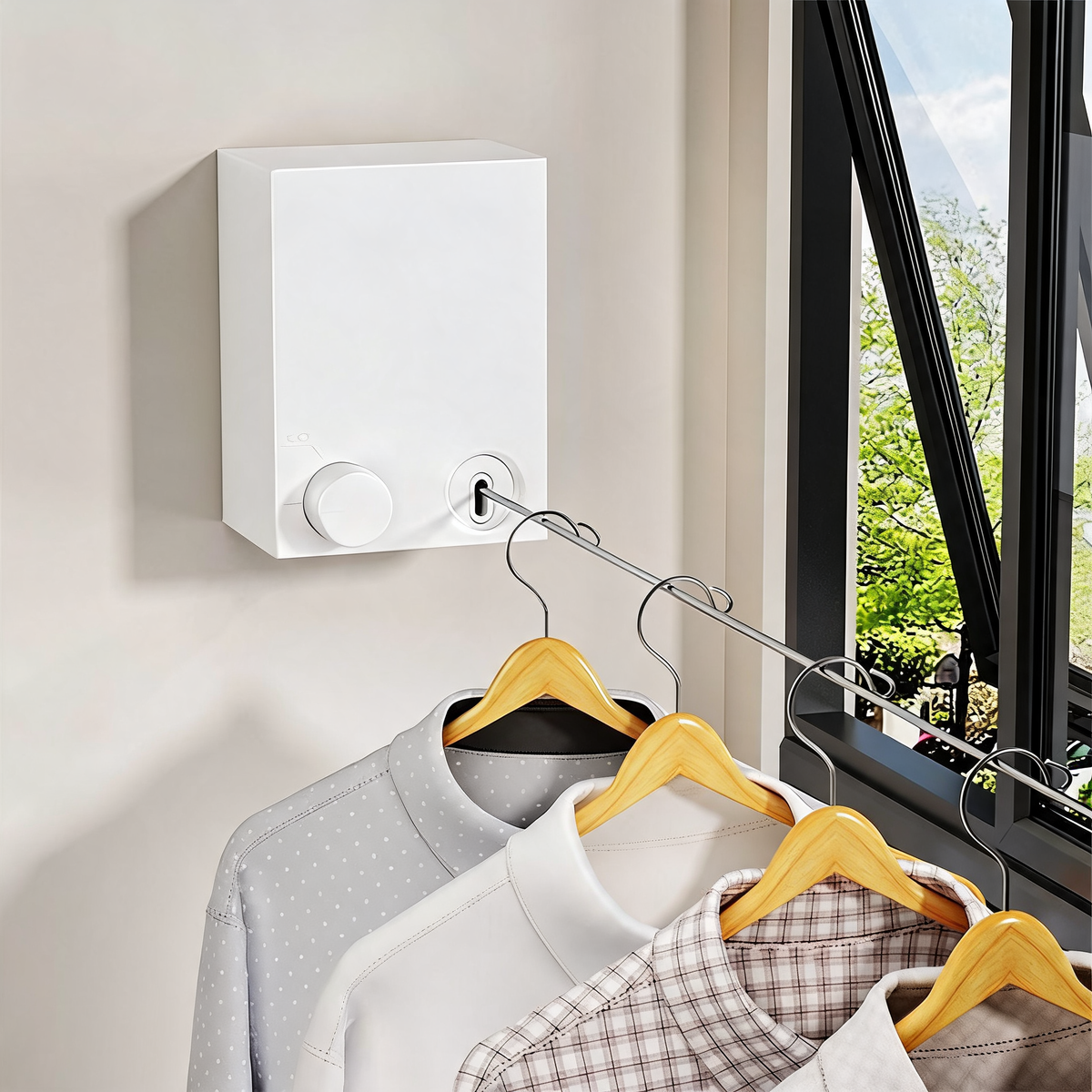 Wall-mounted retractable clothes drying rope extending up to 4.2 meters